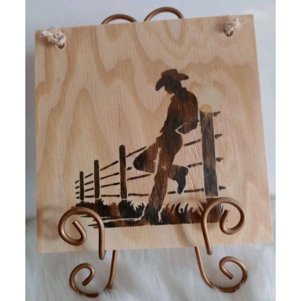 Handmade Cowboy Leaning on Fence Wood Burnished 8 1/2" X 8 1/2" Wall Hanging New